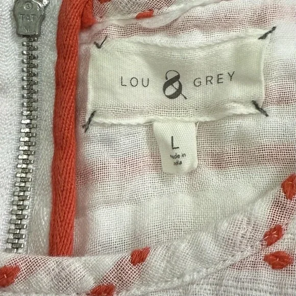 Lou & Grey Dress Womens Large White Red Diamond Striped Embroidered Gauzy Zip Up - Picture 5 of 8